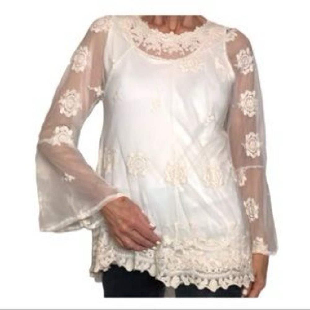 Ladies lace Floral boho shabby chic beach poolside vacation blouse tunic coverup - Picture 6 of 7